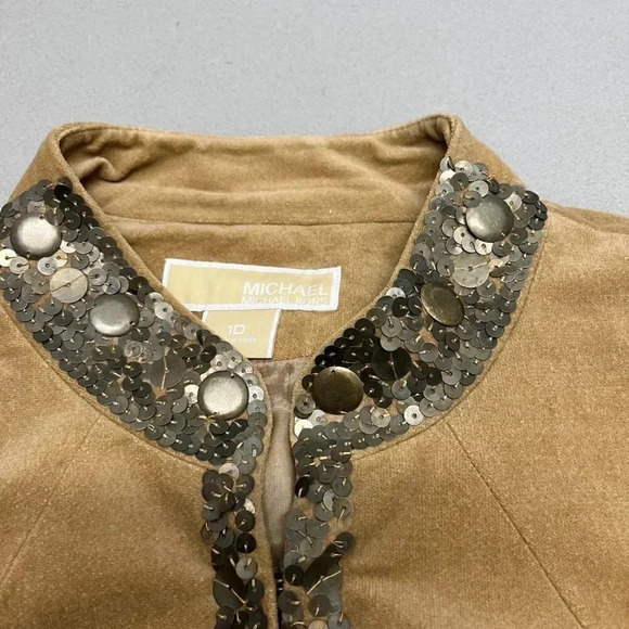MICHAEL KORS WOMENS SIZE 10 SEQUIN KHAKI CLASP CLOSURE JACKET - Picture 4 of 7